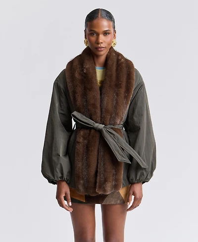 Avec Les Filles Women's Belted Faux-Fur-Trim Shawl Collar Puffer Jacket