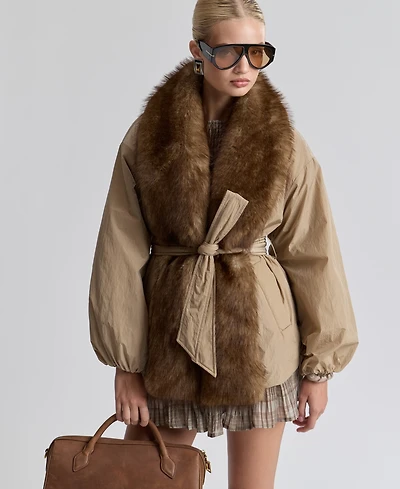 Avec Les Filles Women's Belted Faux-Fur-Trim Shawl Collar Puffer Jacket