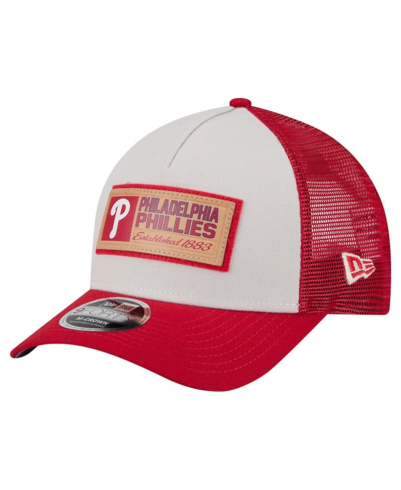 New Era Men's Stone/Red Philadelphia Phillies Text A-Frame Trucker 9FORTY Hat