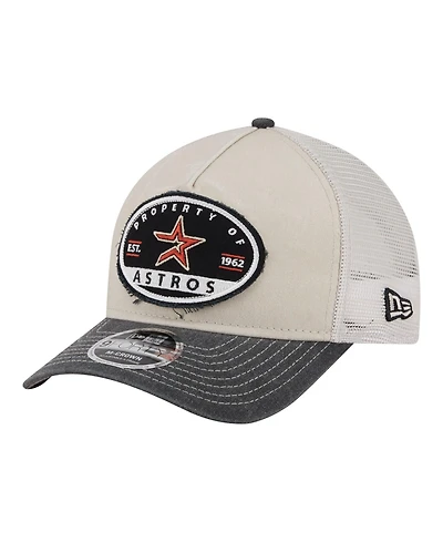 New Era Men's Light Beige/Black Houston Astros Frayed M-Crown A-Frame 9FORTY Trucker Adjustable Hat
