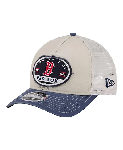 New Era Men's Light Beige/Navy Boston Red Sox Frayed M-Crown A-Frame 9FORTY Trucker Adjustable Hat
