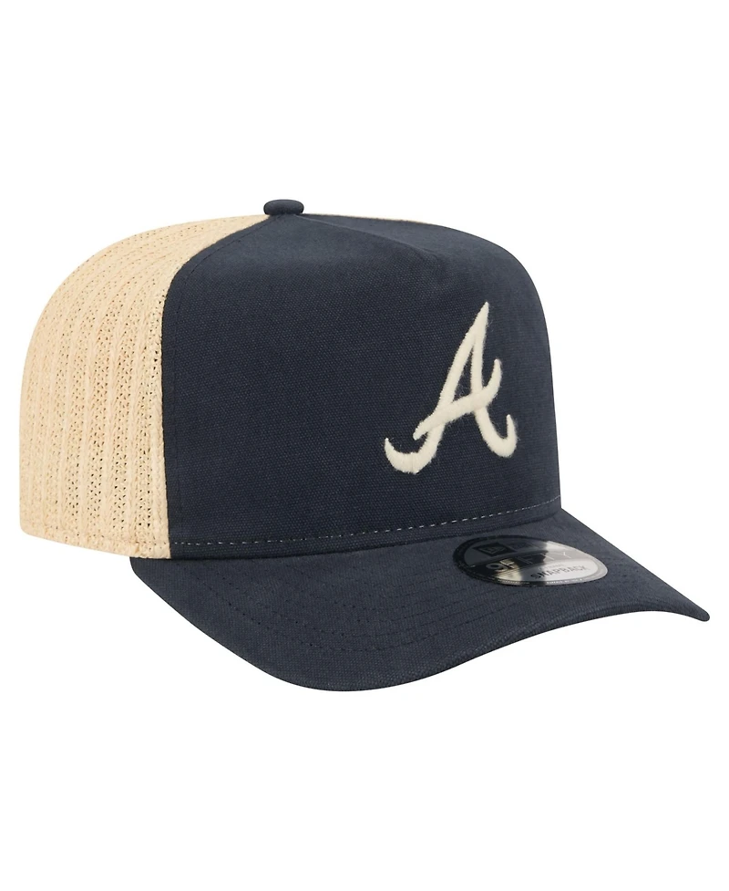 New Era Men's Navy/Natural Atlanta Braves Grained 9FIFTY A-Frame Trucker Adjustable Hat