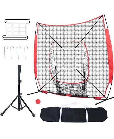 Sugift Baseball Softball Practice Net with Bow Frame Strike Zone Ball Batting Tee Carry Bag