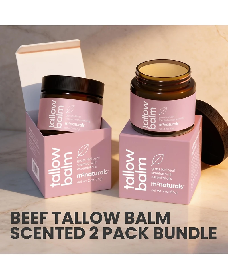 M3 Beef Tallow Balm Scented 2-Pack Bundle with Grass-Fed Beef Tallow, Honey, Beeswax and Olive Oil