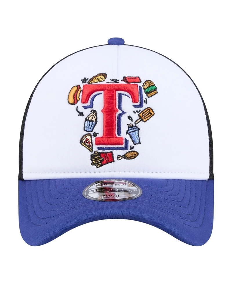 New Era Big Boys and Girls White/Royal Texas Rangers Food A-Frame 9FORTY Trucker Adjustable Hat