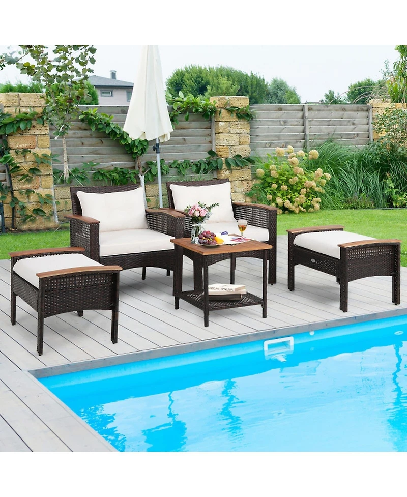 Gouun 5 Piece Outdoor Rattan Conversation Set with Acacia Wood Table, 2 Armchairs and 2 Ottomans