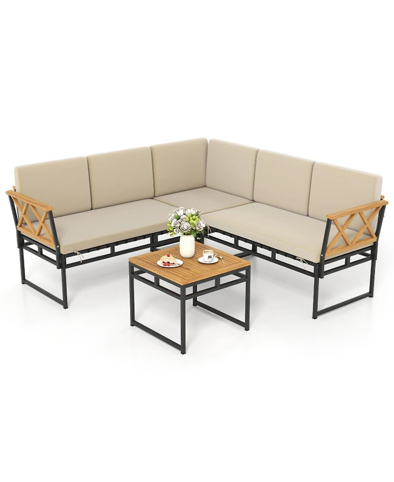 Gouun 4-Piece Outdoor Patio L-Shaped Sectional Sofa Conversation Set with Acacia Wood Side Table