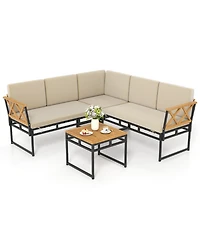 Gouun 4-Piece Outdoor Patio L-Shaped Sectional Sofa Conversation Set with Acacia Wood Side Table
