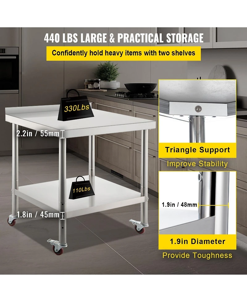 Hongge Rolling Stainless Steel Prep Table with Adjustable Undershelf