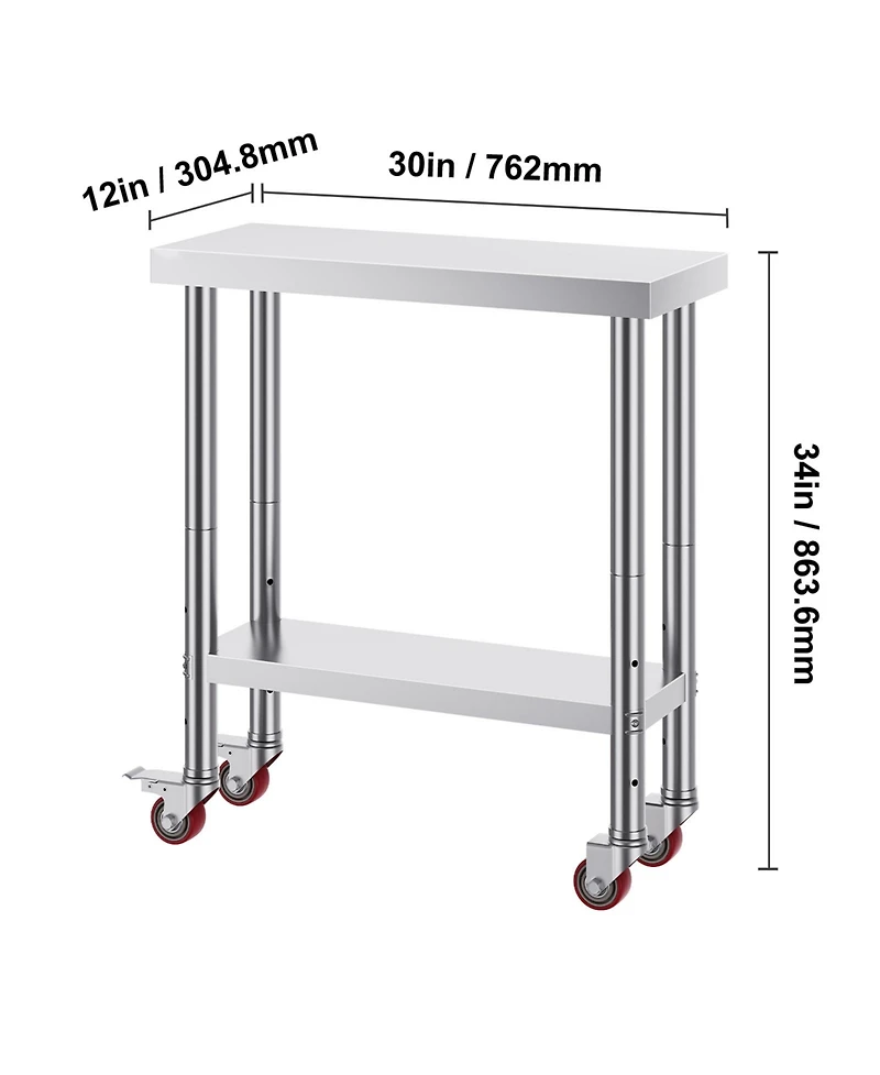 Hongge Rolling Stainless Steel Work Table 30 x 12 x 34 in with 700 lbs Capacity for Commercial Kitchens