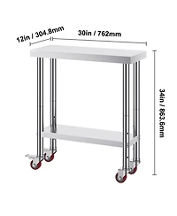 Hongge Rolling Stainless Steel Work Table 30 x 12 x 34 in with 700 lbs Capacity for Commercial Kitchens