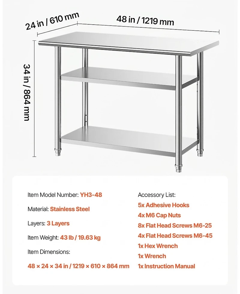 Hongge Three Tier Stainless Steel Utility Work Table 24 x 48 in with 5 Hooks for Kitchen and Garage