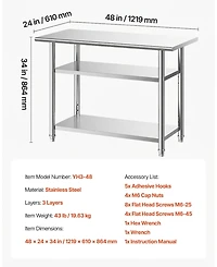 Hongge Three Tier Stainless Steel Utility Work Table 24 x 48 in with 5 Hooks for Kitchen and Garage