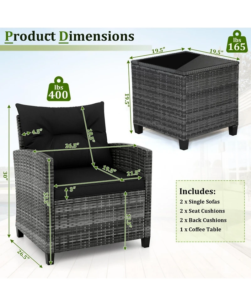 Gouun 3-Piece Outdoor Pe Rattan Conversation Set with Tempered Glass Table