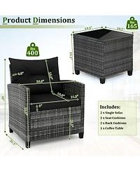 Gouun 3-Piece Outdoor Pe Rattan Conversation Set with Tempered Glass Table