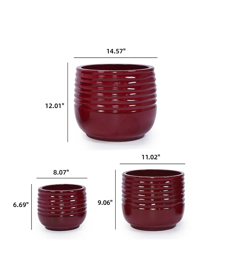 Yobtop Handmade Ceramic Planter Set of 3 - 15/11/8 Inch, Horizontal Groove Pattern, Breathable Clay, Indoor Outdoor Succulent Flower Pots