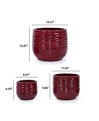 Yobtop Handmade Ceramic Planter Set of 3 - 15/11/8 Inch, Horizontal Groove Pattern, Breathable Clay, Indoor Outdoor Succulent Flower Pots
