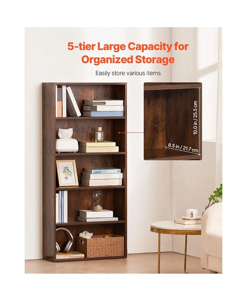 Slickblue Tall 5 Tier Wooden Bookcase with Height Adjustable Shelf, Open Storage
