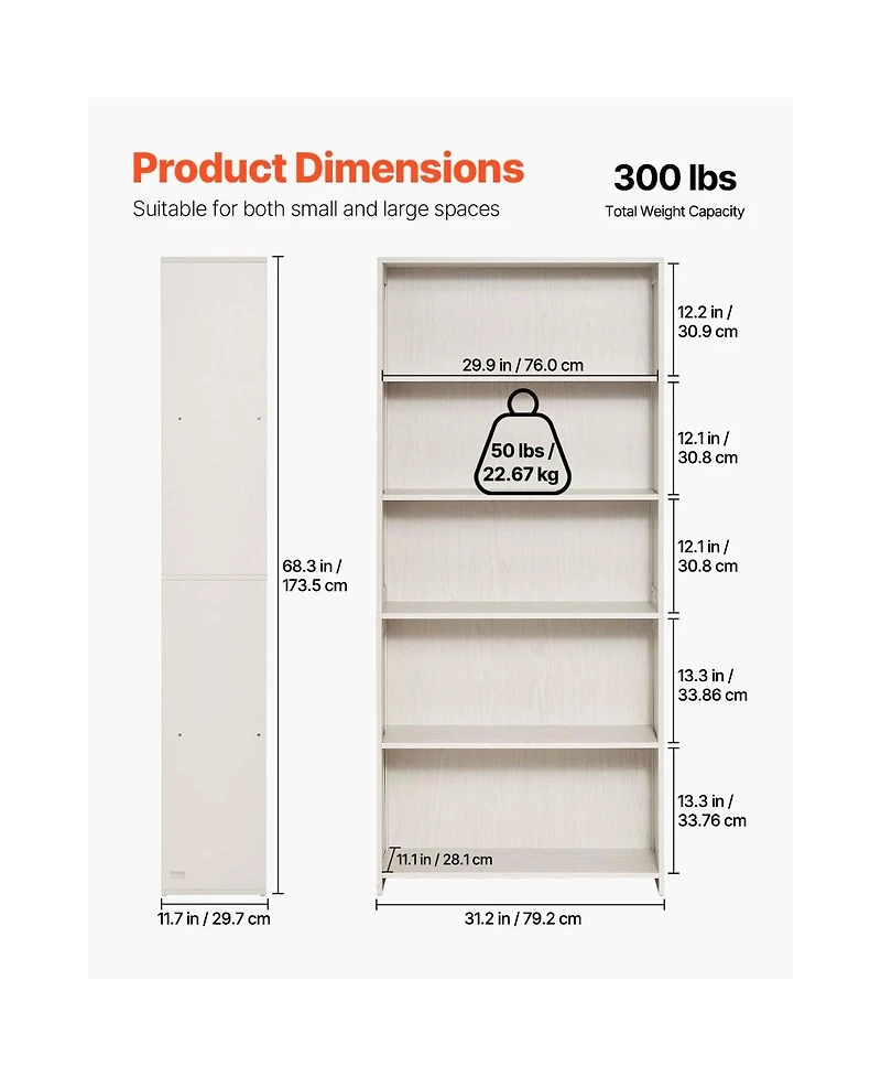 Slickblue Tall 5 Tier Wooden Bookcase with Display Shelves, Freestanding Storage Organizer for Living Room
