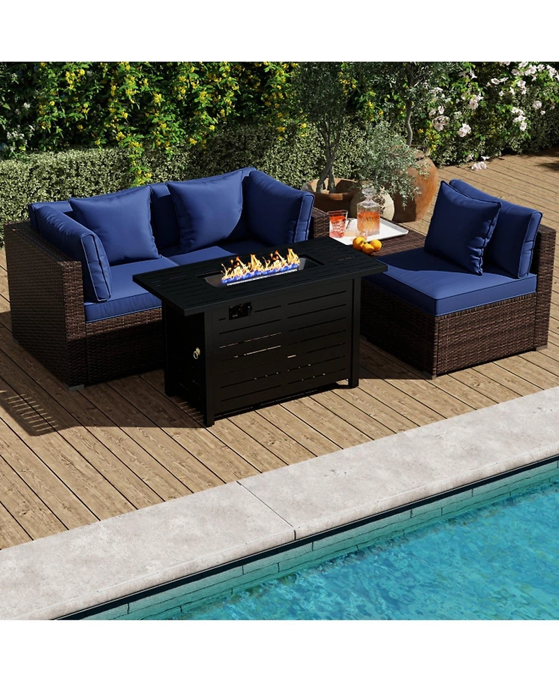 Gouun 5-Piece Pe Rattan Sofa Set with 60,000 Btu Fire Pit Table and Ottomans