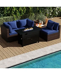 Gouun 5-Piece Pe Rattan Sofa Set with 60,000 Btu Fire Pit Table and Ottomans
