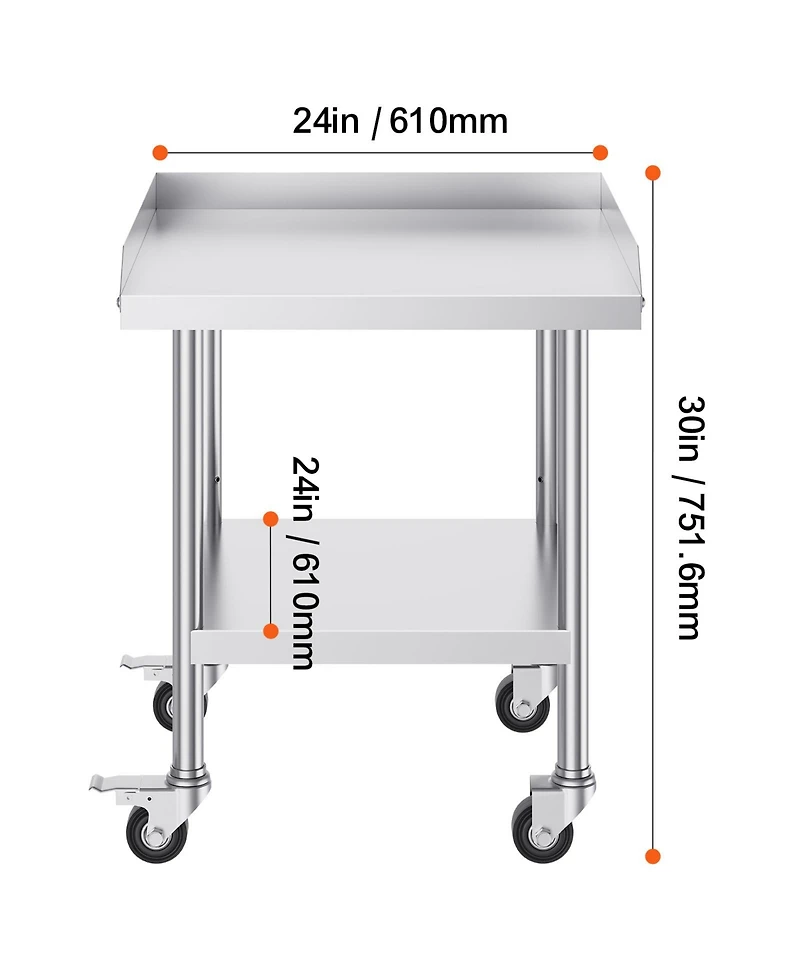 Hongge Stainless Steel Commercial Worktable 24 x 24 x 30 in with 3-Sided Backsplash on Rolling Casters