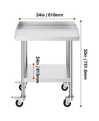 Hongge Stainless Steel Commercial Worktable 24 x 24 x 30 in with 3-Sided Backsplash on Rolling Casters