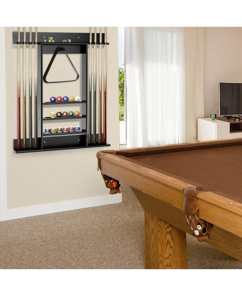 Gouun Wall-Mounted Solid Pine Billiards Cue Rack with Ball Storage