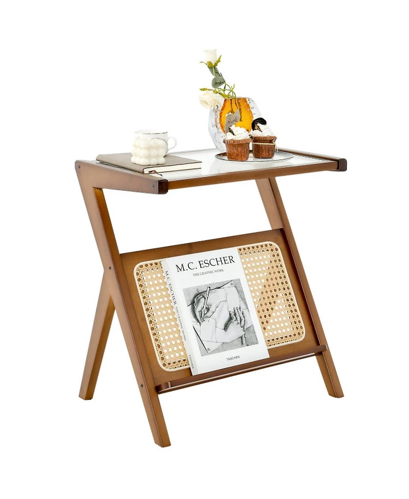 Gouun Boho Bamboo End Table with Tempered Glass Top and Magazine Rack