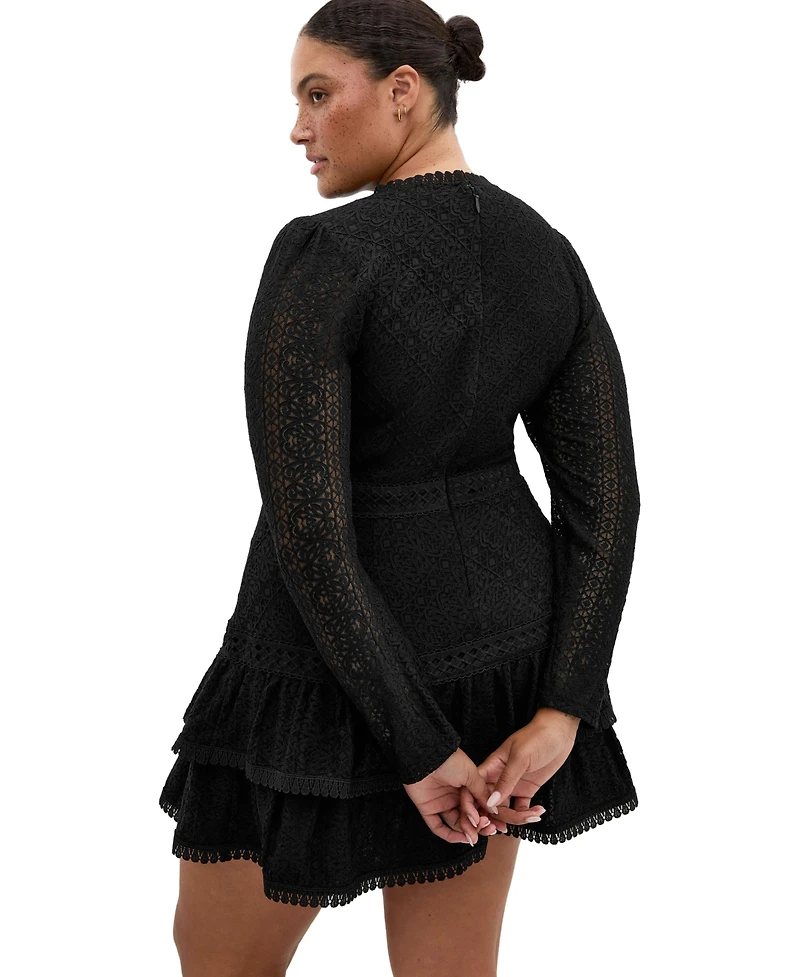 City Chic Plus Gabriella Long-Sleeve Lace Tiered Mini Dress