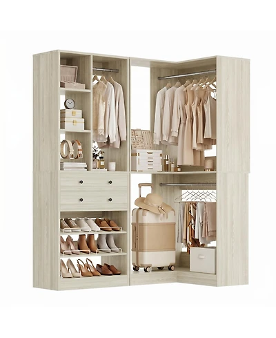 Aheaplus Corner Closet Organizer System Set with 2 Drawers and 3 Hanging Rods