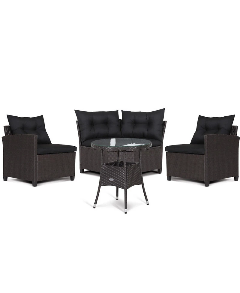 Gouun 4 Piece Outdoor Rattan Conversation Set with Round Glass Coffee Table and 3 Connected Sofas