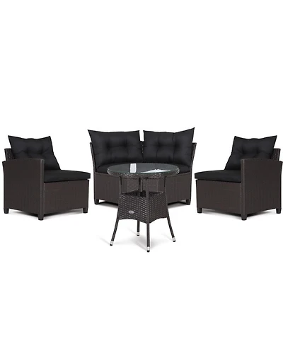 Gouun 4 Piece Outdoor Rattan Conversation Set with Round Glass Coffee Table and 3 Connected Sofas