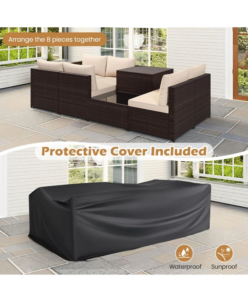 Gouun 8-Piece Outdoor Pe Rattan Patio Conversation Set with 50-Gallon Storage Box and Glass Coffee Table