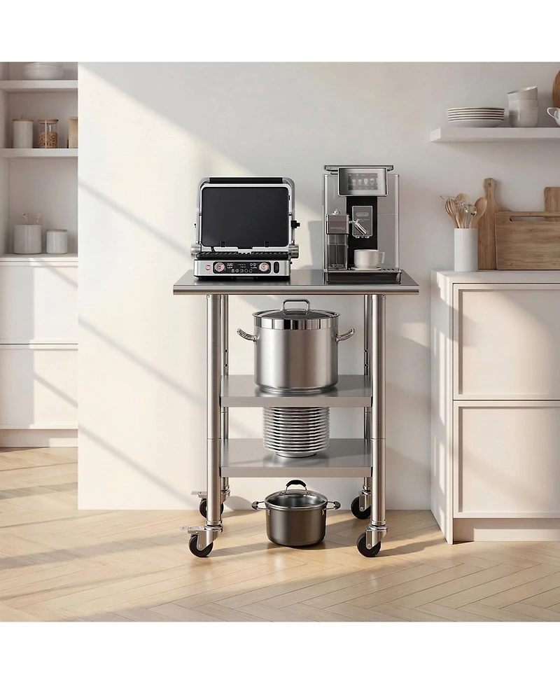 Hongge Compact Kitchen Prep Table 24 x 30 in Stainless Steel with Two Storage Shelves and Wheels