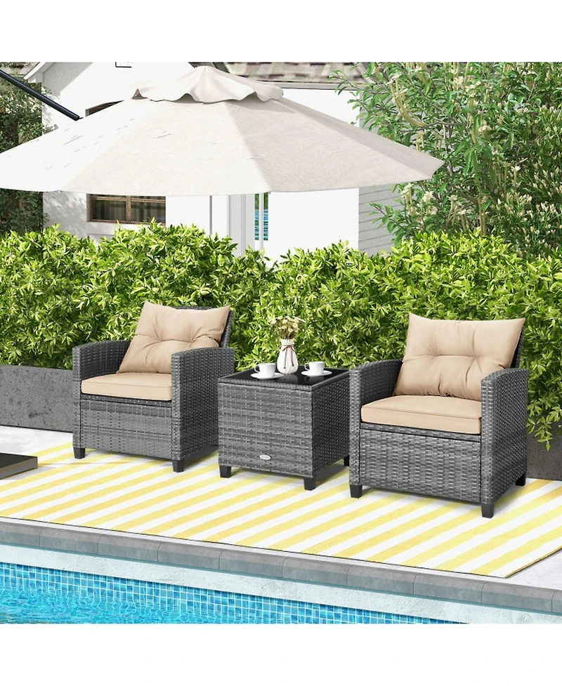 Gouun 3-Piece Outdoor Wicker Conversation Set with Tempered Glass Coffee Table