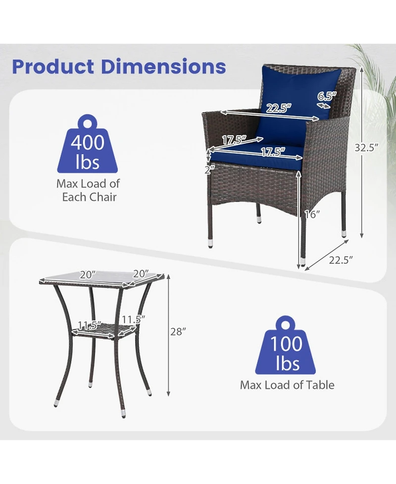 Gouun 3-Piece Rattan Bistro Chair Set with 2-Tier Tempered Glass Side Table