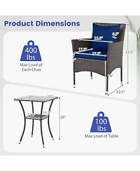 Gouun 3-Piece Rattan Bistro Chair Set with 2-Tier Tempered Glass Side Table