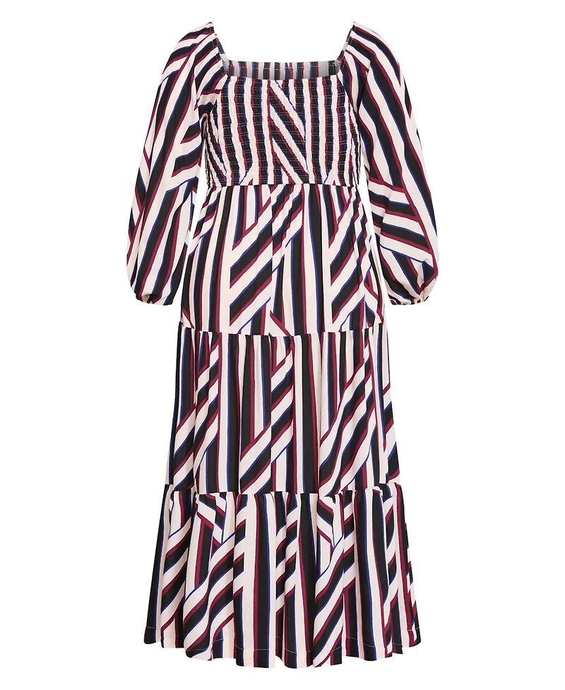 City Chic Plus Long-Sleeve Stripe Shirred Maxi Dress