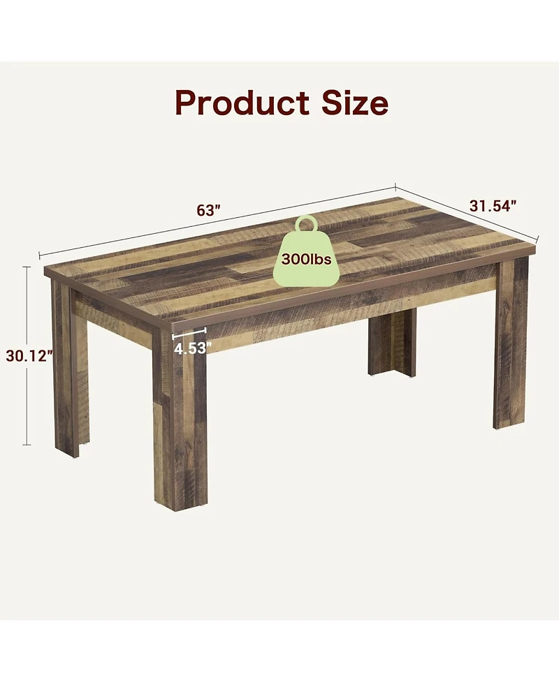 homfan 63" Heavy Duty Farmhouse Dining Table, 1.18" Thick Top, Seats 4-6, Rustic 300 lbs