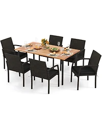 Gouun 7 Piece Outdoor Patio Dining Set with Acacia Wood Table, Umbrella Hole and 6 Wicker Chairs
