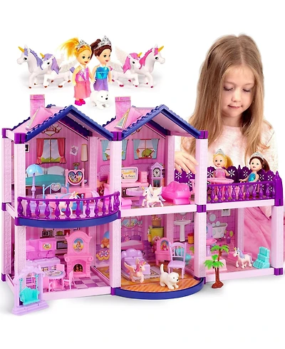 Gnuadz Princess Castle Dollhouse with Princess Dolls, Unicorns, Dog, and Furniture, 25.5" x 8" x 13", Ages 3+