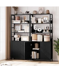 homfan 71" Tall Bookshelf with Doors, Industrial Standing Shelf 3-Tier and Metal Frame, Bookcase Adjustable Rails for Living Room