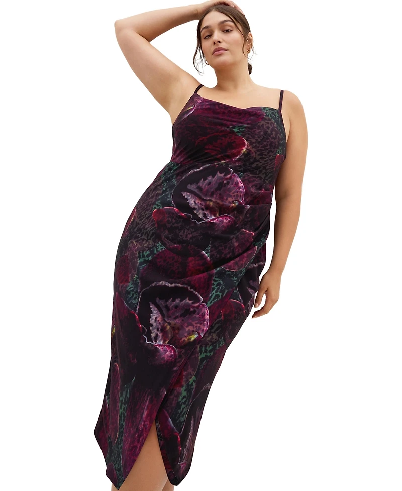 City Chic Plus Marisol Orchid Print Cowl Neckline Midi Dress
