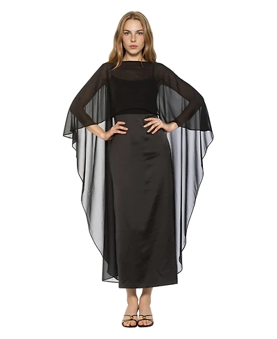 Alexia Admor Women's Cape-Sleeve Chiffon Overlay Boat Neck Satin Gown