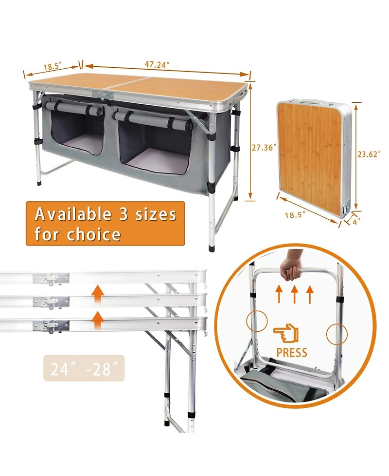 Piscifun Lightweight Aluminum Folding Camping Table With Storage Organizer Height Adjustable Portable Outdoor
