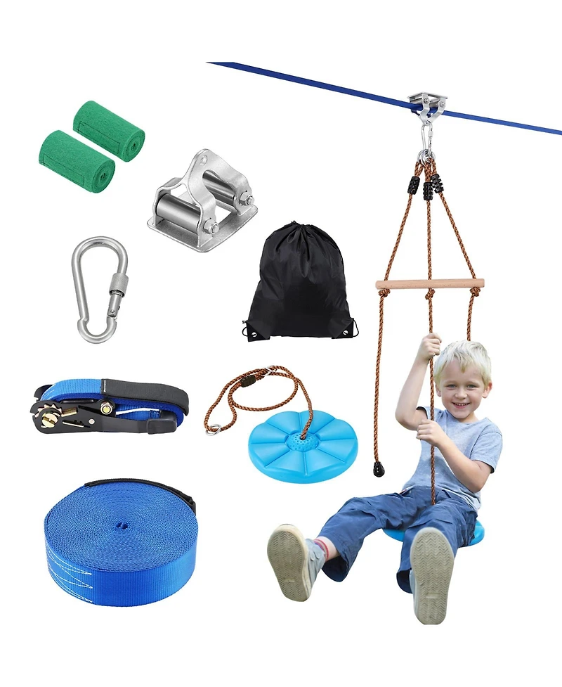 Hongge 52 ft Backyard Zip Line Kit Rated to 500 lbs with Nylon Safety Harness Seat and Handlebar