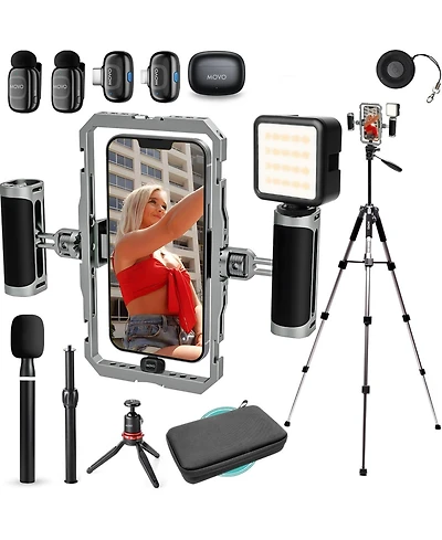 Movo iFilmer-pro Smartphone Rig with Dual Grip Cage, Wireless Lavalier Mics, and Full Size Tripod for iPhone and Android