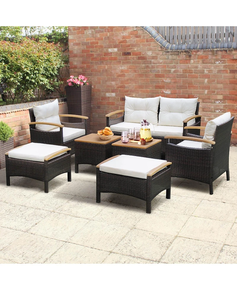 Slickblue 7-Piece Patio Furniture Set with Rattan Seating and Acacia Wood Table