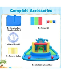 Hongge Dinosaur Inflatable Water Slide Bounce House with Double Slides and Splash Pool, Oxford Cloth, Holds 3 Players, Ages 3-10